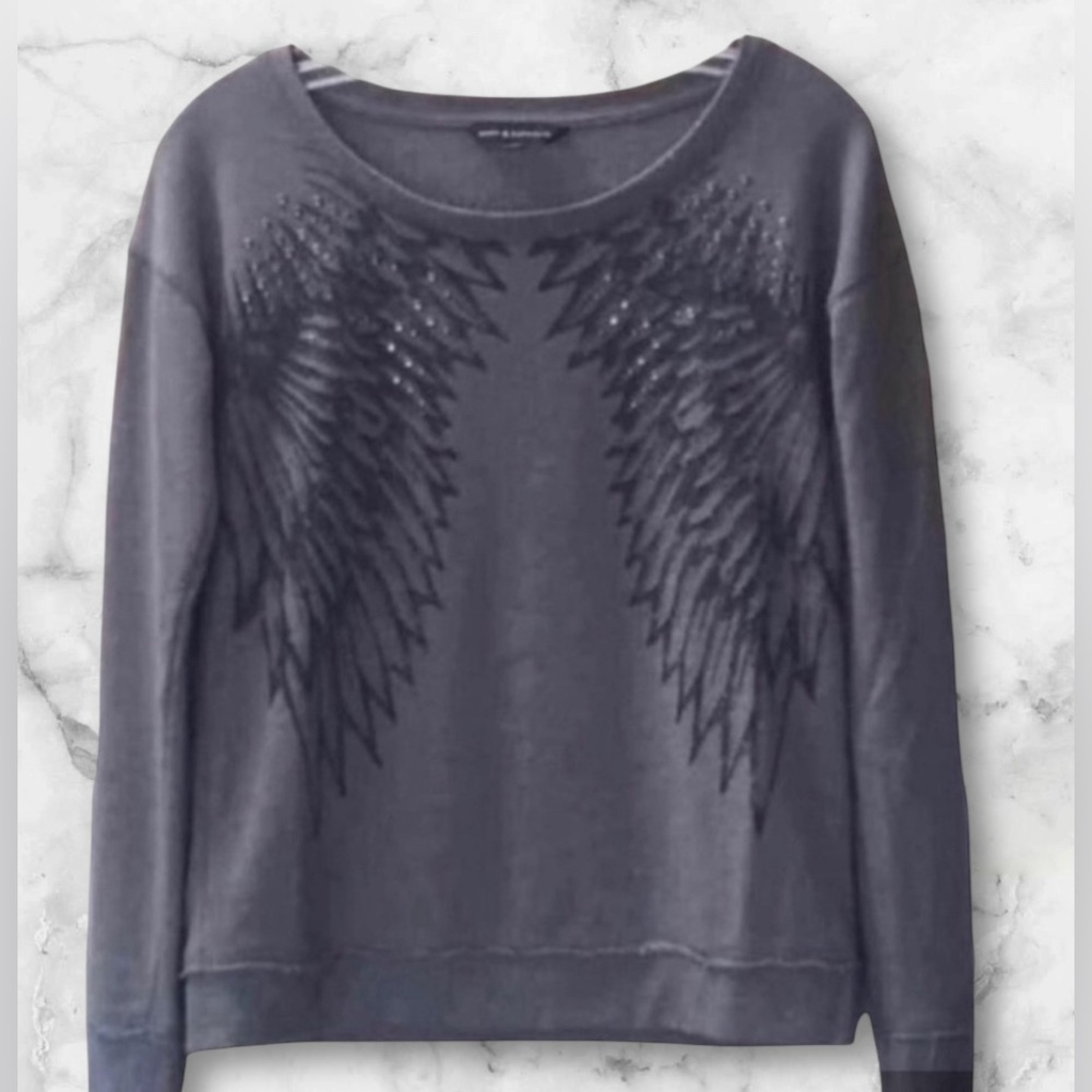 Rock & Republic Angel Wing Long Sleeved Sweatshirt Top Rhinestone Bling Size XS - Picture 2 of 10